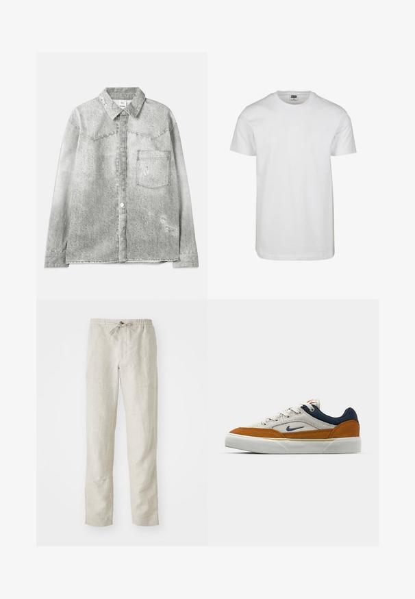 Siva denim srajca s gumbnim zapenjanjem spredaj, koničastim ovratnikom, žepom na prsih in obrabljenimi detajli. Ima teksturiran zaključek in standardni kroj.; Bela bombažna majica s krojem okoli vratu, kratkimi rokavi in sproščenim fitom. Nalepka označuje "URBAN CLASSICS." Gladek način, brez vzorcev ali dodatkov.; Svetlo bež lanene hlače z ravnim krojem, elastičnim pasom, nastavljivo vrvico in brez vidnih vzorcev ali kovinskih delov.; Bela tenisa z mornarsko modrimi in oranžnimi usnjenimi detajli, z teksturirano površino, zavezovanjem spredaj in gumijastim podplatom. Nikejev logotip na strani.