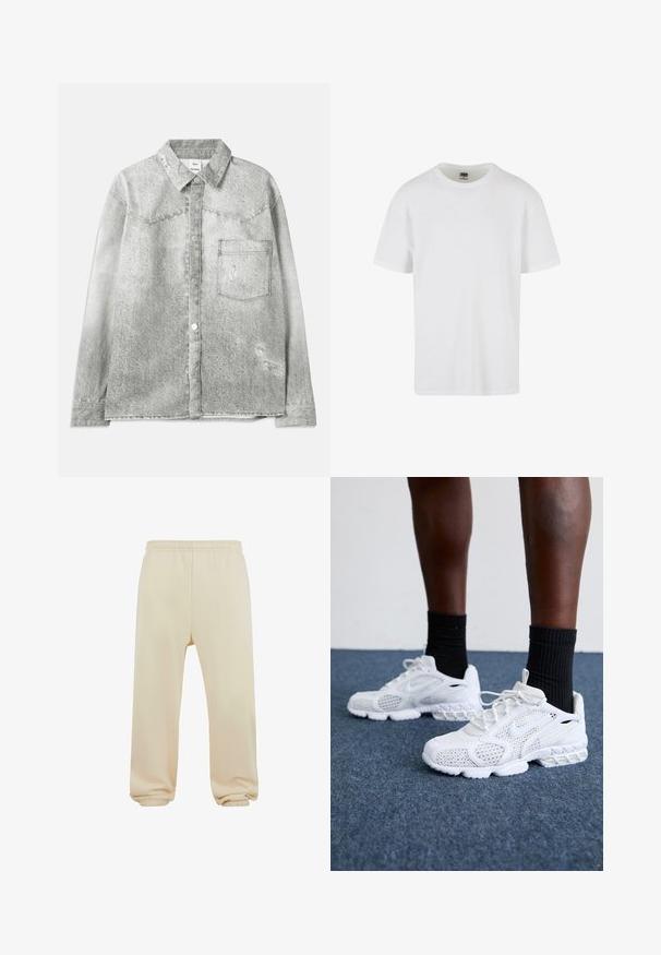 Grau denim Hemd mit Knopfleiste, spitzem Kragen, Brusttasche und abgetragenen Details. Verfügt über eine strukturierte Oberfläche und einen normalen Schnitt.; Weißes Kurzarm-T-Shirt aus strukturiertem Baumwollmaterial. Mit Rundhalsausschnitt und geradem Saum. Minimalistisches Design ohne sichtbare Logos.; Beige Jogginghose mit elastischem Bund, Bündchen am Saum und glatter Textur. Einfaches, gerades Design ohne Muster oder Verzierungen.; Weiße Sportschuhe mit Mesh-Obermaterial, strukturierten Akzenten und gepolsterter Sohle. Kombieirt mit schwarzen gerippten Knöchelsocken auf einer blauen Teppichoberfläche.