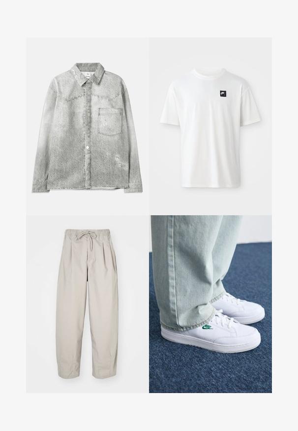 Cămașă din denim gri cu închidere cu nasturi, guler ascuțit, buzunar pe piept și detalii uzate. Are un finisaj texturat și o croială standard.; Tricou alb din bumbac, cu mâneci scurte și guler sub formă de cerc; prezintă un mic logo Nike Air, de culoare neagră, sub formă de dreptunghi pe pieptul stâng.; Pantaloni bej, ușori, cu talie elastică și șnur. Prezintă pliseuri și o croială lejeră, realizată dintr-un material moale și neted.; Adidași din piele albă cu logo-ul Nike verde, vârf rotund, talpă plată, asortați cu pantaloni din denim bleu deschis, prezentați pe un covor albastru.