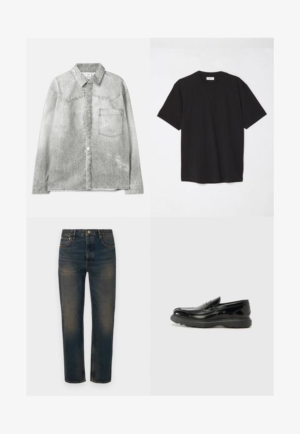 Szürke denim ing, gombos elülső résszel, hegyes gallérral, mellzsebbel és koptatott részletekkel. Texturált felülettel és standard szabással rendelkezik.; Fekete pamut póló kerek nyakkal, rövid ujjakkal és laza szabással. Egyszerű dizájn, sima textúra, látható minták vagy logók nélkül.; Sötétkék farmernadrág, egyenes szabású, öt zsebes kialakítással, gombos záródással és világos kopási részletekkel a textúra érdekében.; Fekete bőr loafer, fényes felülettel, kerek orral, diszkrét varrási részletekkel és vastag gumitalppal a tartósság érdekében.