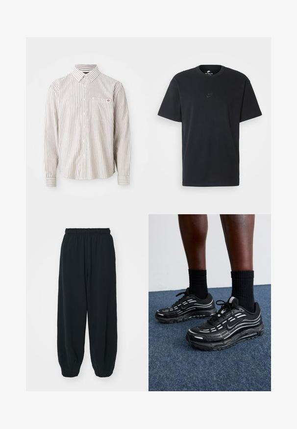 Balta ilgomis rankovėmis marškiniai su plonomis vertikaliomis raudonomis juostelėmis ir krūtinės kišene, kurioje yra mažas raudonas ir mėlynas logotipas.; Juodas medvilninis Nike marškinėliai su klasikinėmis apykaklėmis, trumpomis rankovėmis ir subtiliu, įspaustu logotipu ant krūtinės. Sklandus tekstūra.; Juodi, su elastiniu juosmeniu sportiniai kelnės su laisvu siluetu, suapvalintais kulkšnimis, lygia tekstūra ir be matomų raštų ar metalinių akcentų.; Juodi Nike batai turi orui pralaidžią viršutinę dalį su akcento juostelėmis, tekstūruotais raišteliais ir juodu guminio pado. Dėvimi su juodais šonkauliniais sokais.