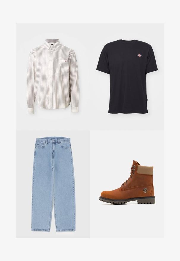 Camisa branca de manga comprida, com botões, com finas riscas verticais vermelhas e um bolso no peito com um pequeno logo vermelho e azul.; T-shirt de algodão preto com mangas curtas, decote redondo e um pequeno logotipo colorido no lado esquerdo do peito. Apresenta uma bainha reta.; Jeans de denim azul claro com design de perna reta, apresentando uma cintura de altura média, cinco bolsos e um fecho de botão e zíper.; Timberland Botins de atacadores - medium orange