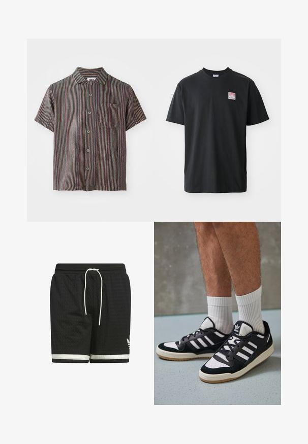 Camisa de manga corta con botones en la parte delantera, que presenta un patrón de rayas multicolores sobre un fondo oscuro y un bolsillo en el pecho.; Camiseta de algodón negra con cuello redondo, mangas cortas y una pequeña etiqueta de color en el lado izquierdo del pecho que presenta la palabra "SUPERIOR".; Pantalones cortos deportivos negros hechos de tejido de malla texturizada. Presentan un cordón blanco y una franja blanca a lo largo del dobladillo. Logo de Adidas en blanco.; Zapatillas en blanco y negro con parte superior de ante y cuero, que presentan tres franjas blancas, una puntera perforada y una suela de goma.