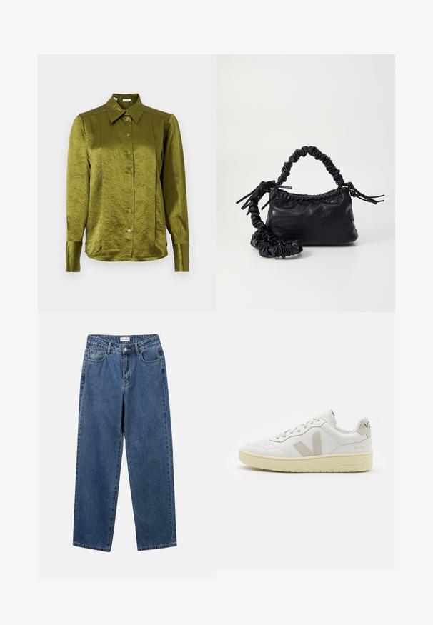 Olíva zöld, hosszú ujjú, gombos blúz hegyes gallérral és enyhén fényes, texturált anyaggal, sima háttér előtt.; Klasszikus kék farmernadrág egyenes szárú dizájnal, öt zsebbel és gombos zárással. Közepes mosású és strapabíró textúrával rendelkezik.; Fehér bőr sneaker bézs velúr részletekkel, perforált orr résszel, lapos fűzőkkel és textúrált krémszínű talppal. Finom márkajelzés található a sarkán.; Fekete műbőr kézi táska krokodil bőr textúrával, összehúzható tetejű és gyűrt pánttal. Lágy és kompakt dizájnúnak tűnik.