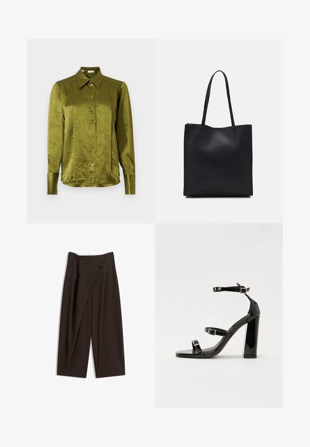 Olivgrüne, langärmlige Bluse mit Knopfleiste, spitzen Kragen und leicht glänzendem, strukturiertem Stoff auf unifarbenem Hintergrund.; Dunkelbraune, weite Hosen mit hohem Bund, die über einen einzigen Knopfverschluss und eine gefaltete Vorderseite verfügen. Hergestellt aus leichtem Stoff.; Schwarze Lackleder-Sandalen mit hohen Absätzen, zwei Riemen mit Schnallen, quadratischer Zehenpartie und klobigem Blockabsatz, mit einer glatten, glänzenden Textur.; Schwarze Laptoptasche aus Leder mit glatter Textur, rechteckiger Form und zwei langen Griffen. Keine sichtbaren Beschläge oder Verzierungen.