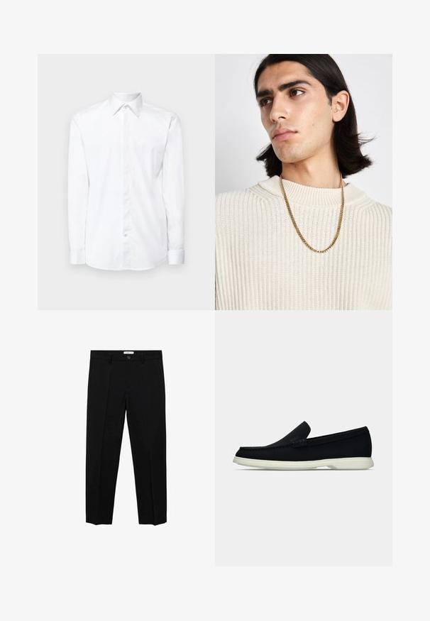 Bela dolga majica z dolgimi rokavi, izdelana iz gladkega materiala, s klasičnim ovratnikom, sprednjim gumbom in urejenimi manšetami.; Črne krojene hlače ravnega kroja z enim gumbom, z zankami za pas in sprednjimi naborki. Narejene iz gladkega materiala.; Črne slip-on čevlje z zaobljenim nosom, ki imajo strukturirano zgornji del, gladek bel podplat in subtilen logotip na strani.; Zlata verižica nosena preko kremnega pletenega puloverja; mehka tekstura z visokim ovratnikom in subtilnim vzorcem v tkanini.