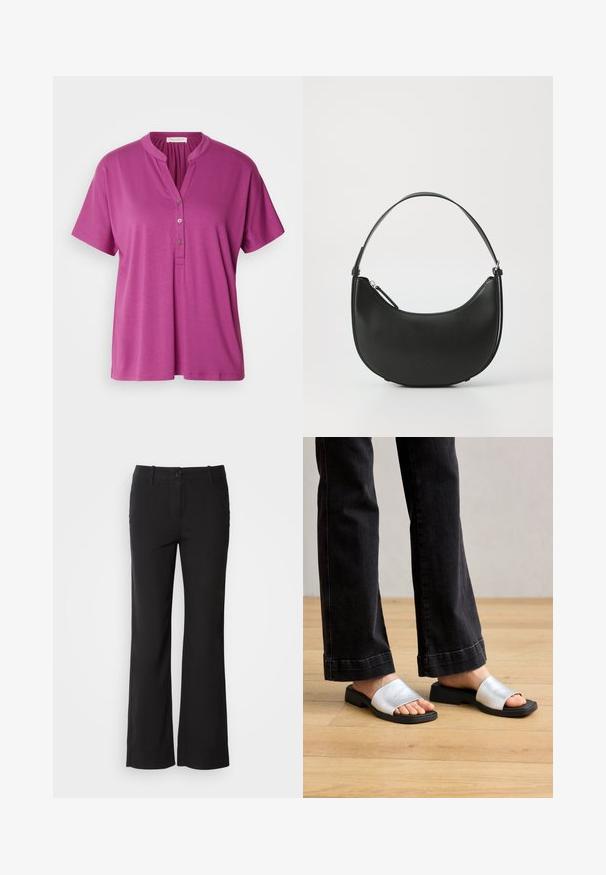 Blusa corta viola a maniche corte con colletto alla coresina e patta con tre bottoni. Realizzata in un tessuto leggero e liscio. Design semplice.; Pantaloni in misto cotone neri con design a gamba dritta, chiusura frontale con bottone e due tasche laterali. Tessuto liscio, senza motivi visibili.; Sandali flat con tomaia in sintetico argento, design open-toe e suola in gomma nera. Abbinati a jeans scuri a vita media, per un look casual.; Borsa a spalla in pelle nera con forma curva, manico sottile e chiusura con zip. Presenta una texture liscia e un sottile dettaglio del logo.