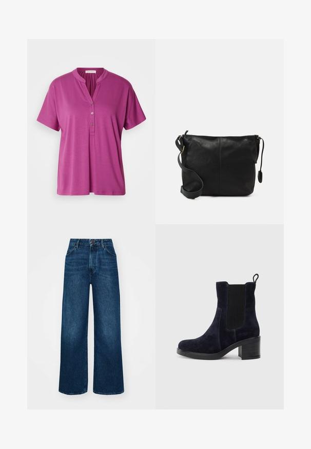 Blusa corta viola a maniche corte con colletto alla coresina e patta con tre bottoni. Realizzata in un tessuto leggero e liscio. Design semplice.; Jeans a vita alta e gamba larga in denim blu scuro con una texture liscia, cuciture a contrasto e design a cinque tasche. Chiusura frontale con bottone.; Stivaletti alla caviglia in camoscio blu navy con pannello elastico laterale, punta tonda e tacco a blocco. Il tessuto testurizzato e la suola liscia aggiungono contrasto.; Borsa a tracolla in pelle nera con forma piatta, dettagli in metallo dorato e tracolla regolabile. Texture liscia con dettagli di cucitura minimi.
