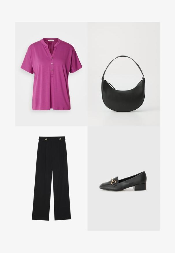 Bluză scurtă cu mânecă scurtă, de culoare mov, cu guler mandarin și sistem de închidere cu trei nasturi. Fabricată dintr-un material fin și ușor. Design simplu.; Pantaloni negri cu picioare largi, talie înaltă, detalii cu butoane pe talie și pliseuri în față.; Loaferi negri din piele, cu toc plat, având un detaliu decorativ din hardware auriu în față și o textură netedă.; Geantă de umăr din piele neagră, cu o formă curbată, mâner subțire și închidere cu fermoar. Prezintă o textură netedă și un detaliu subtil al logo-ului.