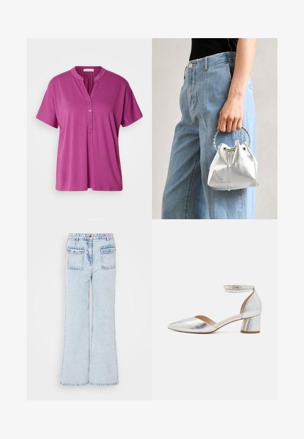Paarse blouse met korte mouwen, een mandarin kraag en een drieknoopsluiting. Gemaakt van een gladde, lichte stof. Eenvoudig ontwerp.; Lichtblauwe flared jeans van denim, met een hoge taille en een vijf-pocket ontwerp, voorzien van een knoopsluiting en subtiele vervaging op de stof.; Zilveren metallic puntige enkellaarsjes met lage blokhak en enkelbandje met gesp op een witte achtergrond.; Metalen zilveren bucket bag met een gestructureerde afwerking, versierd met een zilveren ronde handvat en een trekkoordsluiting, vastgehouden tegen lichtblauwe jeans.