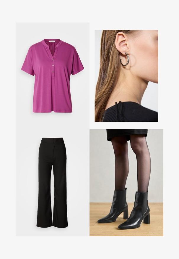 Fialová blúzka s krátkymi rukávmi a mandarínskym golierom, s gombíkovou légou na tri gombíky. Vyrobená z hladkej, ľahkej tkaniny. Jednoduchý dizajn.; Čierne široké nohavice s hladkou textúrou, vysokým pásom a jednoduchým dizajnom. Žiadne viditeľné vrecká ani ozdoby.; Čierne kožené členkové topánky s špicatou špičkou, robustný štvorcový opätok a elegantný dizajn. Obsahujú elastické bočné panely pre jednoduché obúvanie.; Strieborná kruhová náušnica s lesklým povrchom, obsahujúca malé zlaté akcenty a okrúhly tvar, nosená na lalôčiku ucha.