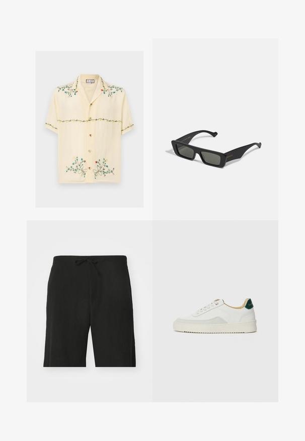 Short-sleeve, light yellow shirt made of smooth fabric, featuring colorful embroidered floral patterns, buttons, and a relaxed collar design.; Black linen shorts with a drawstring waist, featuring a relaxed fit and knee-length design. Smooth texture, simple and classic style.; White sneaker with suede accents, rounded toe, flat laces, and a cream rubber sole. Features green branding on the heel.; Black rectangular sunglasses with dark lenses, made of smooth plastic. Features gold lettering on the side, sleek arms, and modern design.
