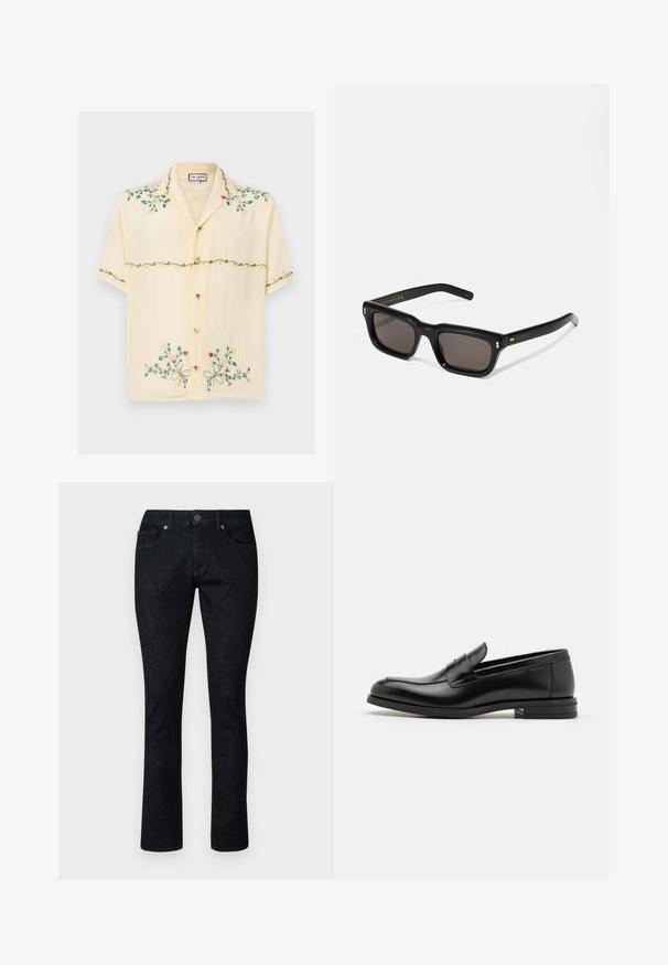 Kortærmet, lysegul skjorte lavet af glat stof, med farverige broderede blomstermønstre, knapper og et afslappet kravedesign.; Mørk denim jeans med lige ben-design, der har frontlommer, knaplukning og kontrasterende syninger. Ingen synlige mønstre eller slitage.; Sorte læderloafers med en glat overflade, rund tå og en dekorativ strop over vampen. Lav hæl med stabeldesign, minimalistisk stil.; Sorte rektangulære solbriller med mørke glas, tyk plastisk ramme, guldtryk på stængerne og brandlogo indgraveret på armen.