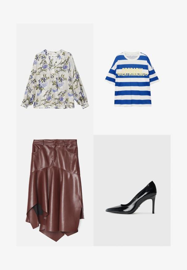 Langarmbluse aus leichtem Stoff mit floralem Druck in Blau und Grün auf hellgrauem Hintergrund. Knopfverschluss vorn, entspannte Passform.; Baumwoll-T-Shirt mit blauen und weißen horizontalen Streifen. Mit fettem gelben Text "Wahrscheinlich überdenke ich es zu viel" und einer Smiley-Grafik. Kurze Ärmel.; Brauner Kunstlederrock mit einem ausgestellten, asymmetrischen Saum, der über zwei Vordertaschen und eine glatte, glänzende Oberfläche verfügt.; Schwarze Lackleder Pumps mit spitzem Zeh und schmalem Stiletto-Absatz auf weißem Hintergrund.