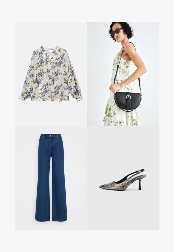 Pikutiibaga pluus kergest materjalist, millel on lillemuster sinises ja rohelises heledal hallil taustal. Nööpidega esikülg, lõdva lõikega.; Hallise jalgadega sinised denim püksid kõrge vöökohaga, ees nupuga ja tõmbluku sulguri ning ees ja taga taskutega, lihtsa tausta ees.; Kitsas varvusega slingback kingad, mis on valmistatud tekstuuriga maosarnase materjali toel, omavad saledat musta kõrget kontsa ja lõikega disaini külgedel.; Mustmust mustraha kõverate joontega, eemaldatava rihmaga ja kuldsete detailidega. Kotil on klapp, millel on pandladetail.