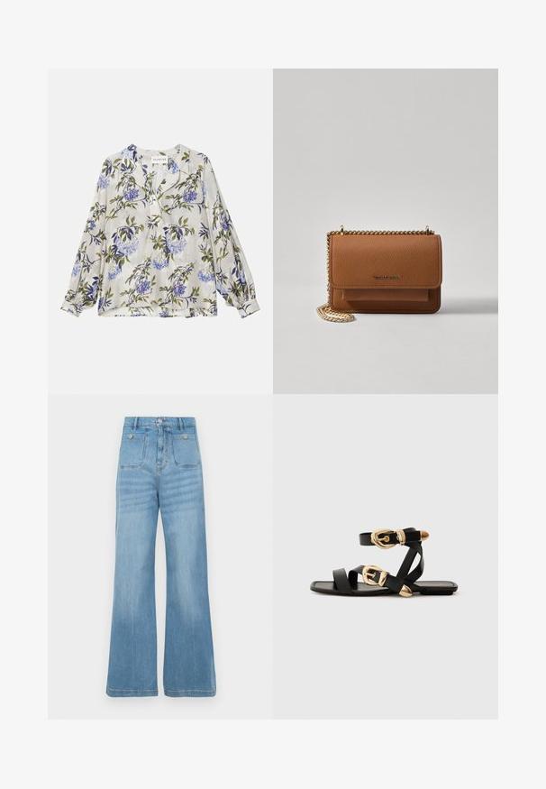 Pikutiibaga pluus kergest materjalist, millel on lillemuster sinises ja rohelises heledal hallil taustal. Nööpidega esikülg, lõdva lõikega.; Heledad sinine teksapüksid laia säärega disainiga, millel on kaks eesmist ja kaks tagumist taskut, lõpetatud toore serva ja nööpidega kinnitusega.; Mustad nahast sandaalid kuldsete pandlitega, millel on mitmed rihmad ja lame talladisain avatud varba jaoks.; Pruun tekstureeritud nahk ristkeha kott kuldse ahelaga rihmaga ja klapiga sulgemine. Esiküljel on logo detail ja tasku klapi all.