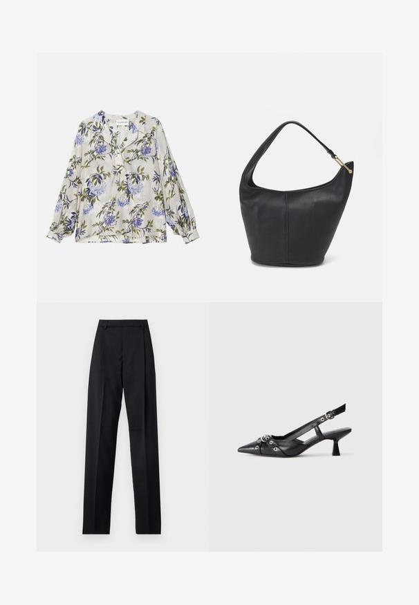 Długa bluzka z długim rękawem z lekkiego materiału z kwiatowym wzorem w odcieniach niebieskiego i zielonego na jasnoszarym tle. Zapięcie na guziki z przodu, luźny krój.; Czarne spodnie wykonane z gładkiego materiału, z wysokim stanem, szerokimi nogawkami, fałdami z przodu i klasycznymi szlufkami na pasek. Brak widocznych kieszeni bocznych.; Czarne skórzane buty typu slingback z ostrym noskiem, ozdobnymi paskami z metalowymi oczkami oraz niskim klinowym obcasem. Teksturowana powierzchnia.; Czarna skórzana torebka o okrągłym kształcie, z szerokim paskiem i teksturowanym wykończeniem. Posiada subtelny detal szwu i akcenty w odcieniu złota.
