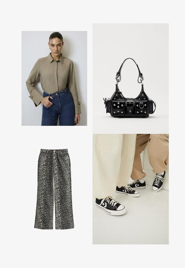 Beige collared blouse with long sleeves, featuring gold button accents on the cuffs, paired with high-waisted blue denim jeans.; Leopard print wide-leg pants in a soft fabric, featuring a high waist, five pockets, and metal button closure.; Black canvas sneakers with white rubber soles, featuring white star accents and black shoelaces, paired with light beige and cream pants.; Black leather handbag with a curved design, featuring silver studs, a buckle, and two side pockets. Adjustable strap for carrying options.