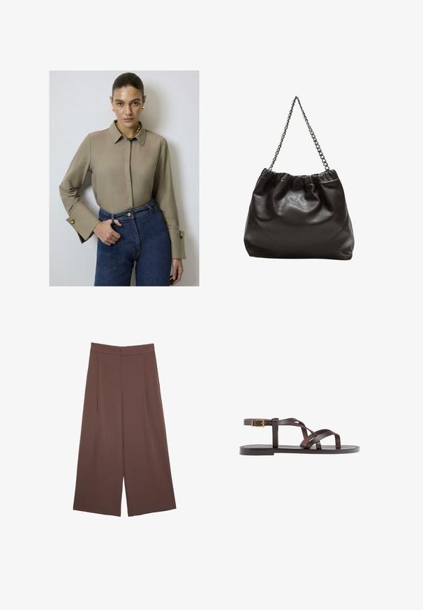 Bežna bluzica s kragnom dugih rukava, s zlatnim gumbima na manžetama, u kombinaciji s trapericama visokog struka u plavoj boji.; Smeđe hlače širokog kroja s glatkom teksturom, koje imaju visok struk i nabore sprijeda. Tkanina je lagana i slobodno se kreće.; Smeđe kožne sandale s iskrižanim trakama, umetkom za zapešće s kopčanjem i ravnim potplatom s minimalnim detaljima šivanja.; Smeđa kožna torba s naboranim vrhom i lančićem za nošenje. Glatka tekstura s sjajnim završetkom i suptilnim šavnim detaljima sa strane.