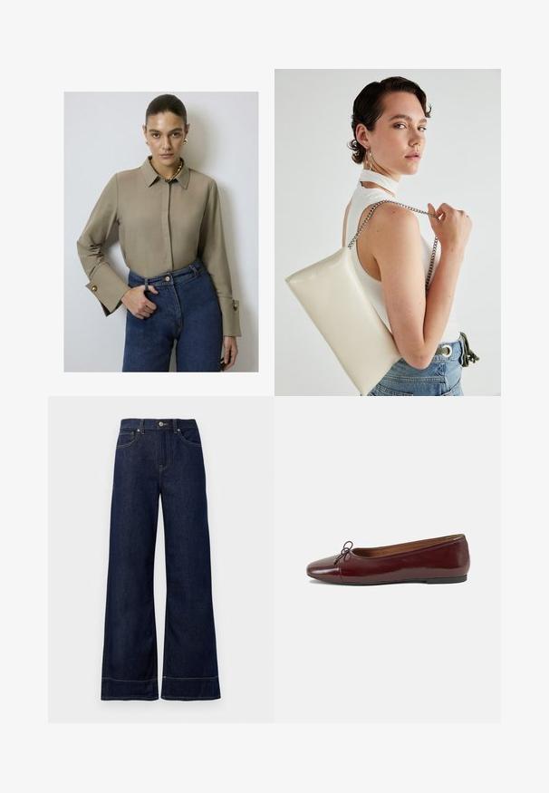 Bluză bej cu guler și mâneci lungi, cu accente de nasturi aurii pe manșete, asortată cu blugi albaștri cu talie înaltă.; Jeans din denim, de culoare albastru închis, cu croială largă. Include un sistem de închidere cu nasture, detalii de cusătură și buzunare laterale. Bază evazată.; Balerini din piele patent burgund cu vârful rotund, accent de fundiță mică în față și talpă joasă din cauciuc negru. Textură netedă.; Geantă de clutch rectangulară albă, realizată dintr-un material lucios, având o curea de lanț argintie. Modelul pozează, evidențiind geanta pe un fundal simplu.