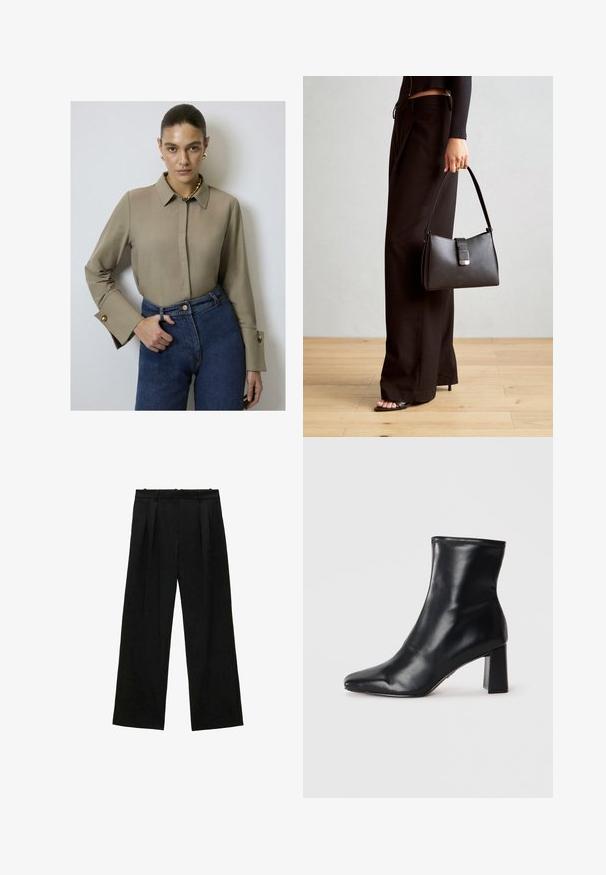 Beige collared blouse with long sleeves, featuring gold button accents on the cuffs, paired with high-waisted blue denim jeans.; Black wide-leg trousers with pleats, featuring a smooth texture and a high waist design. Minimalist style, no visible hardware or embellishments.; Black leather ankle boot with a pointed toe and a structured block heel. Smooth texture with a sleek, minimalist design.; Black handbag with structured shape, smooth texture, and a metallic clasp. Paired with wide black pants and open-toe sandals on wooden floor.