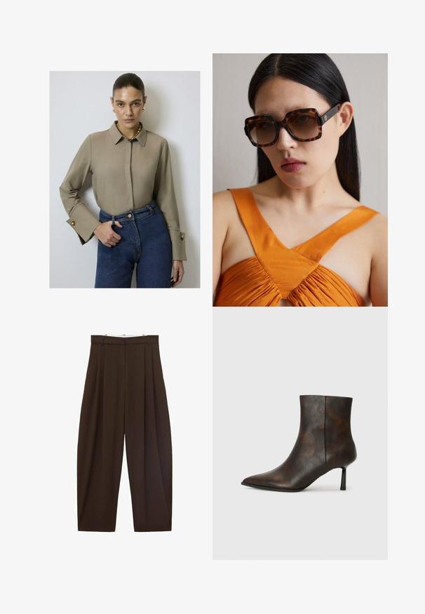 Beige kauluspaita, jossa on pitkät hihat ja kultaiset nappikoristeet hihansuissa, yhdistettynä korkeavyötäröisiin sinisiin farkkuihin.; Ruskeat korkeavyötäröiset housut, joissa on laskokset, valmistettu sileästä kankaasta. Rentoa istuvuutta, suora lahjemuoto, varustettu vyölenkeillä ja vetskarilla.; Ruske kožne gležnjače s šiljastim vrhom, elegantnim dizajnom i tankim crnim potplatom. Teksturirana površina s suvremenim uzorkom.; Ruske tortoiseshell oversize sunčane naočale s širokim pravokutnim okvirom i gradijentnim lećama. Zlati detalj s logotipom sa strane.