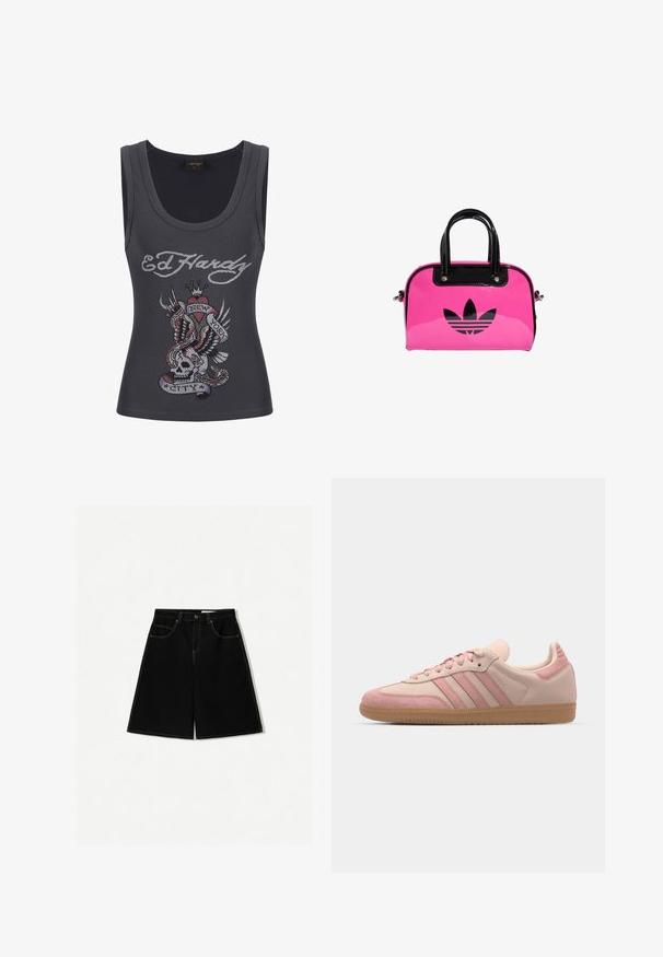 Top grigio senza maniche con scollatura rotonda, presenta un colorato design in strass di un teschio, ali, cuore e un banner con la scritta "NEW YORK CITY".; Pantaloni shorts di denim neri con vestibilità ampia, dotati di cinque tasche, dettagli di cucitura gialla e design a vita media.; adidas Originals SAMBA OG - Sneakers basse - quartz/mauve; Borsa a mano in vernice rosa con logo e manici neri, caratterizzata da una forma arrotondata e chiusura con zip. La texture lucida aumenta la visibilità.