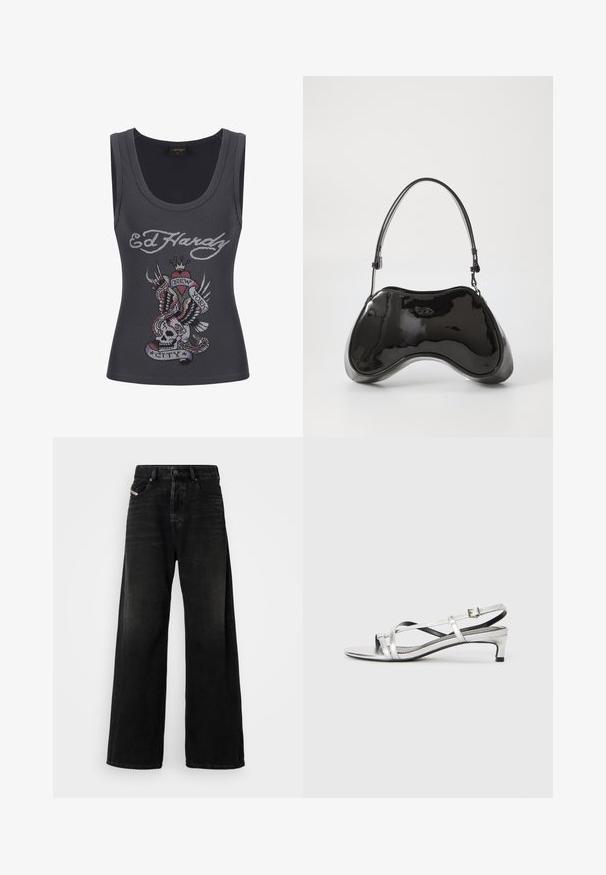 Harmaa toppi pyöreällä kaula-aukon sisustuksella, jossa on värikäs strassimuotoilu, jossa on pääkallo, siivet, sydän ja banneri, jossa lukee "NEW YORK CITY".; Korkea vyötärö, leveät mustat denim-farkut, joissa on nappisulku, etutaskut ja haalistunut pinta.; Hopeasaumaiset nilkkapanta-sandaalit matalalla korolla, joissa on ristikkäiset hihnat ja sileä pinta. Minimalistinen muotoilu.; Mustat patenttinaiset käsilaukku, jossa on ainutlaatuinen kaareva muoto, lyhyt säädettävä kahva ja vetoketjulla suljettava yläosa. Sileä pinta ja hienovarainen brändäys.