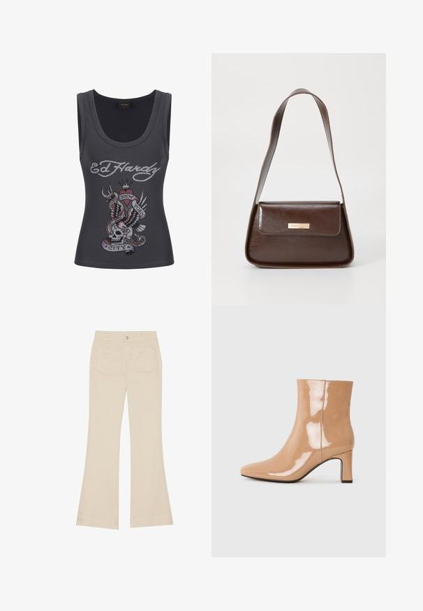 Grijze tanktop met een ronde hals die een kleurrijk rhinestone ontwerp van een schedel, vleugels, hart en een banner met de tekst "NEW YORK CITY" vertoont.; Beige wijde broek met een hoge taille, gemaakt van katoen. Voorzien van voor- en achterzakken, riemlussen en een enkele zilveren knop.; Nude patent leren enkellaarsjes met een spitse neus, een glanzende afwerking en een mid-hoge blokhak. Gladde textuur en elegante silhouet.; Bruine leren schoudertas met een gestructureerde vorm, voorzien van een magnetische klepsluiting en een metallic logoaccent aan de voorkant.