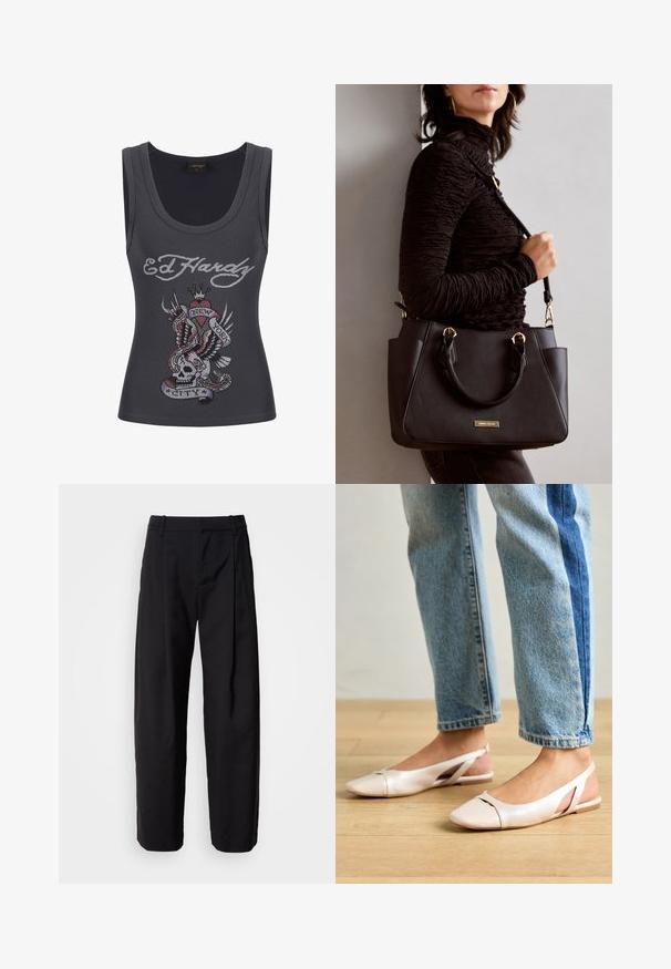Gray tank top with a round neckline features a colorful rhinestone design of a skull, wings, heart, and banner reading "NEW YORK CITY".; Black trousers with a relaxed fit, pleated front, and belt loops. Smooth fabric and straight legs, featuring side pockets.; Pale pink slingback flats with a pointed toe, made from a smooth leather-like material. Features cut-out details at the sides and a flat heel.; Black handbag with textured surface, dual top handles, and adjustable shoulder strap. Features gold-tone hardware and side pockets.