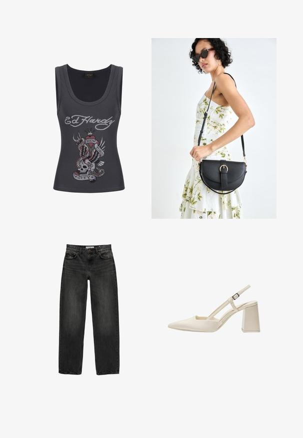 Grijze tanktop met een ronde hals die een kleurrijk rhinestone ontwerp van een schedel, vleugels, hart en een banner met de tekst "NEW YORK CITY" vertoont.; Zwarte denim jeans met een relaxte pasvorm, rechte pijpen, vijf-pocket ontwerp en een licht vervaagde textuur. Knop- en ritssluiting aan de voorkant.; Beige slingback schoenen met een puntige neus, glanzende lakafwerking, middelhoge blokhak en verstelbare band. Minimalistisch ontwerp met open zijkanten.; Zwarte leren handtas met een gebogen vorm, afneembare schouderband en gouden hardware. De tas heeft een klep met een gespsluiting.