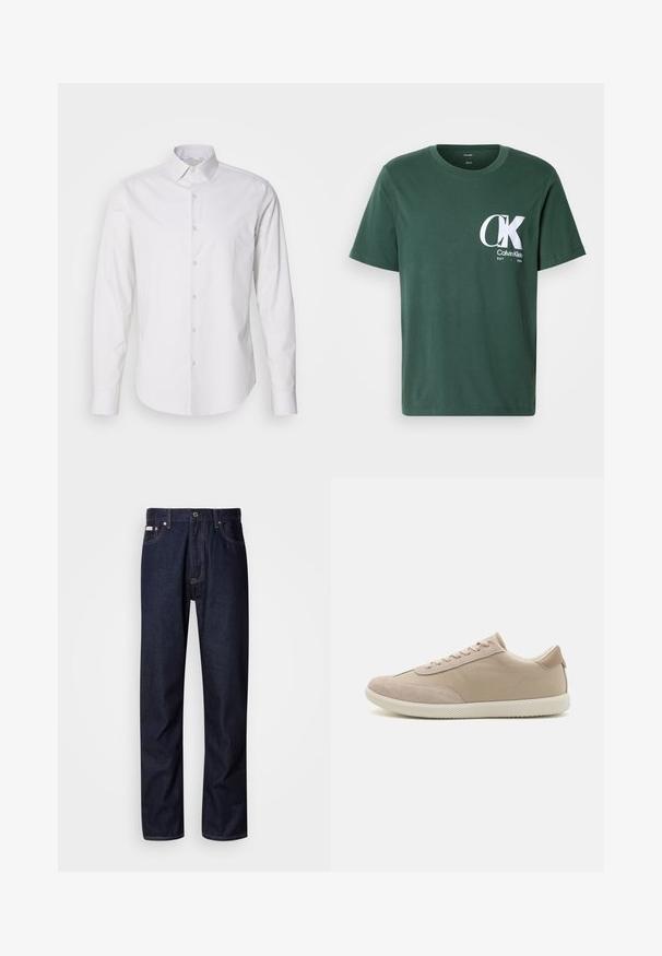 Bílá košile s dlouhým rukávem a špičatým límcem, s zapínáním na knoflíky, vyrobená z hladkého materiálu. Obsahuje jemnou pruhovanou texturu.; Zelené bavlněné tričko s krátkým rukávem, kulatým výstřihem, s velkým bílým logem CK na hrudi a textem "Calvin Klein EST 1968".; Tmavomodré džínové kalhoty se střihováním rovného nohavice, s knoflíkovým zapínáním, pěti kapsami a kontrastním prošíváním.; Beige tenisky s kombinací semiše a plátna, s tkaničkami, kulatou špičkou, texturovanou podešví a decentním logem značky na boku.