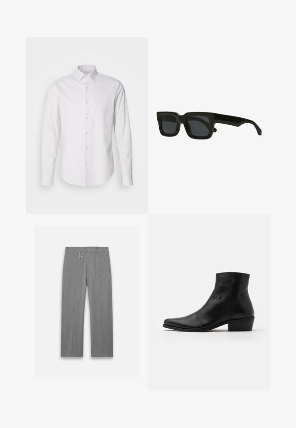 Weißes Langarmhemd mit spitzem Kragen, durchgehender Knopfleiste, aus einem glatten Stoff gefertigt. Es hat eine dezente gestreifte Textur.; Graue maßgeschneiderte Hose mit strukturiertem Finish. Verfügt über einen Reißverschluss vorne, Seitentaschen und einen silbernen Hardware-Akzent. Gerade Beinform.; Schwarze Leder-Ankle-Boots mit spitzer Zehenpartie, minimalen Nähdetails, einem mittelhohen Blockabsatz und einer glatten, polierten Oberfläche.; Schwarze rechteckige Sonnenbrille mit dunklen Gläsern, dicken Plastikrahmen und geraden Bügeln. Besitzt eine matte Oberfläche und ein minimalistisches Design.