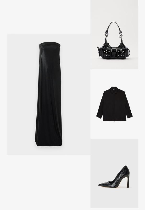 Sort skjorte med knapper og krave, lange ærmer og en afslappet pasform. Fremstillet af et glat, blødt stof uden synlige mønstre.; Sort stropløs maxikjole lavet af glat, skinnende stof. Har en tætsiddende bodice og en svungende silhuet, der når gulvet uden udsmykninger.; Sorte spidse tå stiletto-sko i krokodilleskind med et strømlinet design, høj hæl og glat sort inderside.; Sort læderhåndtaske med et buet design, prydet med sølvfarvede nitter, en spænde og to sidelommer. Justerbar rem til forskellige bære muligheder.