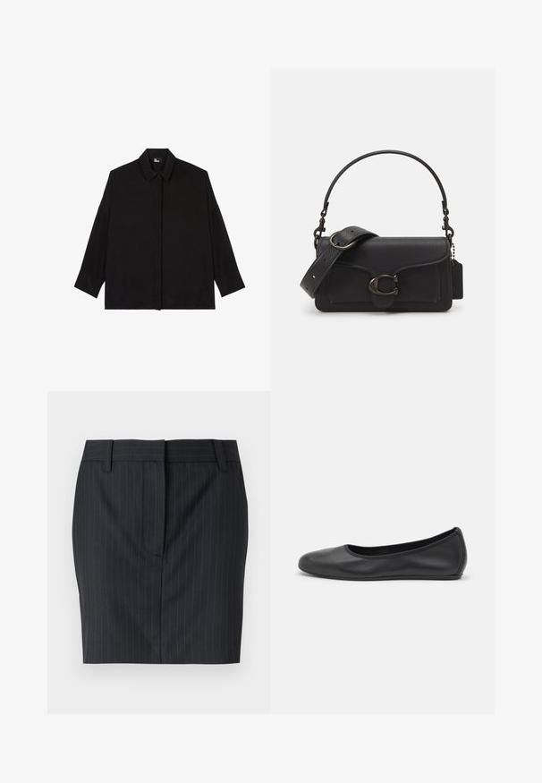 Czarna koszula z guzikiem, z kołnierzykiem, długimi rękawami i luźnym krojem. Wykonana z gładkiego, miękkiego materiału bez widocznych wzorów.; Czarna spódnica o prążkowanym wzorze, dopasowana, z pętelkami na pasek i ukrytym zapięciem z przodu, prezentowana na białym tle.; Czarne skórzane baletki z zaokrąglonym noskiem, gładką fakturą, minimalnymi przeszyciami i elastycznym designem podeszwy.; Czarna skórzana torba typu crossbody o teksturowanej powierzchni, z regulowanym paskiem i srebrnymi akcentami. Posiada przednią klapkę zamykaną na zapięcie.