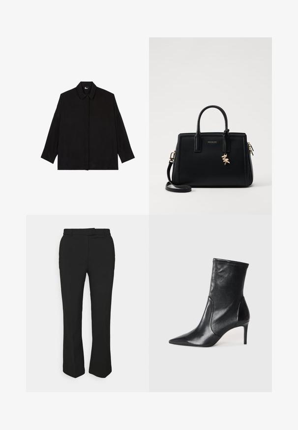 Camicia nera con bottoni, colletto, maniche lunghe e vestibilità comoda. Realizzata in un tessuto liscio e morbido senza motivi visibili.; Pantaloni neri su misura con design a gamba dritta, dotati di passanti per cintura e tasche laterali. Realizzati in tessuto liscio con una finitura pulita.; Stivali neri alla caviglia realizzati in pelle liscia, caratterizzati da un punta affusolata, stivale aderente e un tacco alto e sottile. Design minimalista senza hardware visibile.; Borsa a tracolla in pelle nera con design strutturato, manici superiori doppi, tracolla rimovibile, accessori in oro e charm con logo.