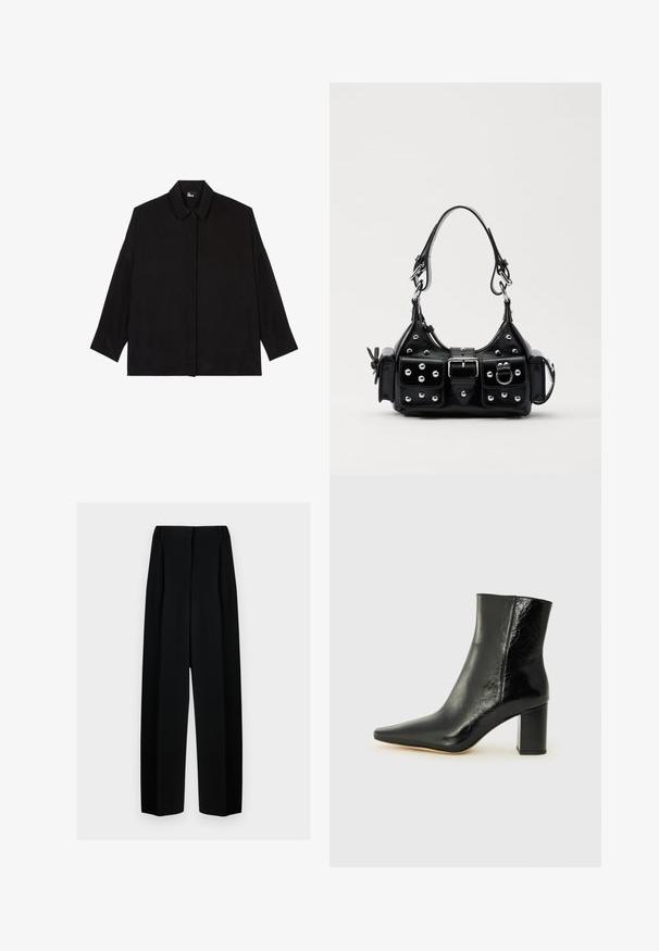 Black button-up shirt with a collar, long sleeves, and a relaxed fit. Constructed from a smooth, soft fabric with no visible patterns.; Black wide-leg trousers with a high waist, featuring pleats and a smooth texture. The fabric appears lightweight and drapes elegantly.; Black ankle boot made of glossy leather with a pointed toe and a chunky, square heel. Features a smooth texture and minimalistic design.; Black leather handbag with a curved design, featuring silver studs, a buckle, and two side pockets. Adjustable strap for carrying options.