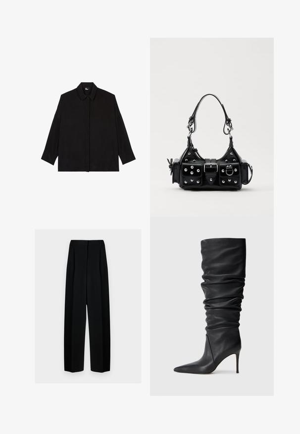 Schwarzes Hemd mit Knöpfen, Kragen, langen Ärmeln und lockerer Passform. Hergestellt aus einem glatten, weichen Stoff ohne sichtbare Muster.; Schwarze weit geschnittene Hosen mit hoher Taille, die Falten und eine glatte Textur aufweisen. Der Stoff wirkt leicht und fällt elegant.; Schwarze, lässige knielange Lederstiefel mit spitzem Schuh und dünnem hohen Absatz auf einem schlichten hellen Hintergrund.; Schwarze Lederhandtasche mit einem geschwungenen Design, verziert mit silbernen Nieten, einer Schnalle und zwei seitlichen Taschen. Verstellbarer Träger für verschiedene Tragemöglichkeiten.