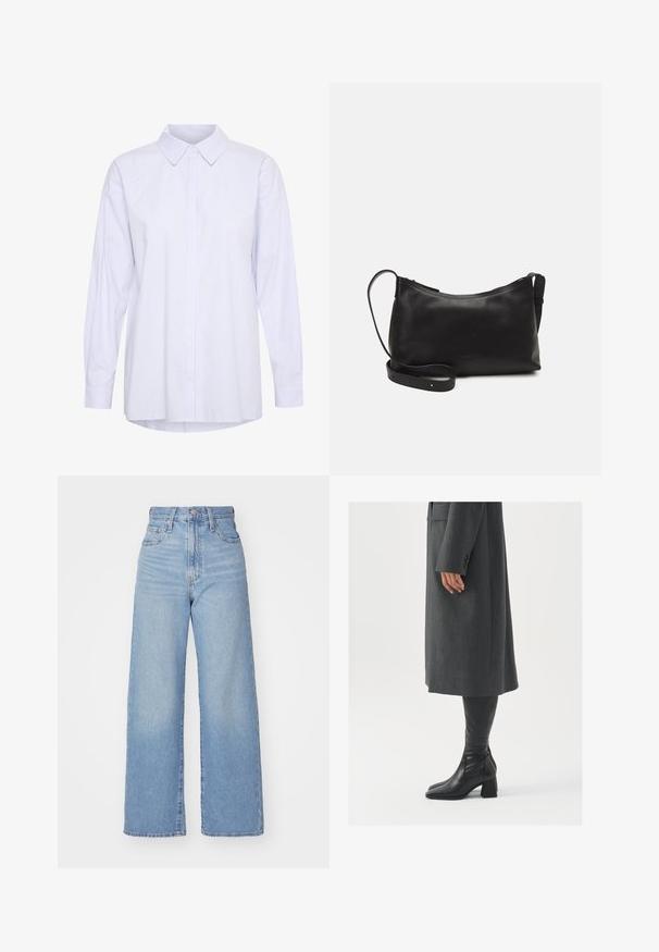 Ilgų rankovių, mygtukų užsegimo marškiniai šviesiai mėlynos ir baltos juostelės. Yra klasikinis apykaklės dizainas ir laisvas kirpimas su išlenktu apačiu.; Šviesiai mėlynos aukšto liemens plačios kojos džinsai su priekiniais užtrauktukais ir sagom, priekinėmis ir galinėmis kišenėmis, ant baltos fono.; Pilkas pritaikytas paltas su tiesiu kirpimu; derinamas su juodais odiniais batais iki kelių, turinčiais kvadratinį pirštą ir storą kulną.; Juodas odinis petinis krepšys su lygiu paviršiumi, išlenkta forma, reguliuojama dirželiu ir užtrauktuku. Minimalistinis dizainas be puošmenų.