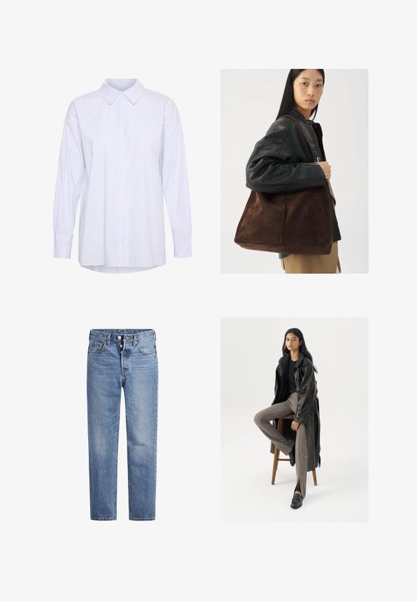 Långärmad skjorta med knappar i ljusblå och vita ränder. Har en klassisk krage och en avslappnad passform med rundad fåll.; Ljusblå denimjeans med rak skärning, femfickorsdesign och knäppning med knapp. Har subtila blekningar och orangea sömnadsdetaljer.; Svart läder trench coat med knappar och bälte, matchad med ljusbruna åtsittande byxor och svarta loafers, sittande på en träpall.; Brun bälte av mocka med en bred form och mjuk textur, som har ett enda handtag och minimal hårdvara mot en neutral bakgrund.