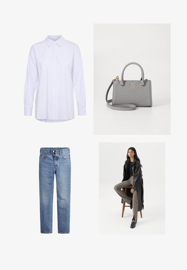 Hosszú ujjú, gombos ing világoskék és fehér csíkokkal. Klasszikus gallérral és kényelmes, íves aljjal rendelkezik.; Világoskék farmernadrág egyenes szabással, öt zsebes dizájnnal és gombos nyereggel. Finom kopásokkal és narancssárga varrási részletekkel rendelkezik.; Fekete bőr trench coat, gombokkal és öv részletekkel, világosbarna, testhez simuló nadrággal és fekete loaferekkel párosítva, fa bárszéken ülve.; Tommy Hilfiger ETERNITY MICRO TOTE MONO - Kézitáska - universal grey