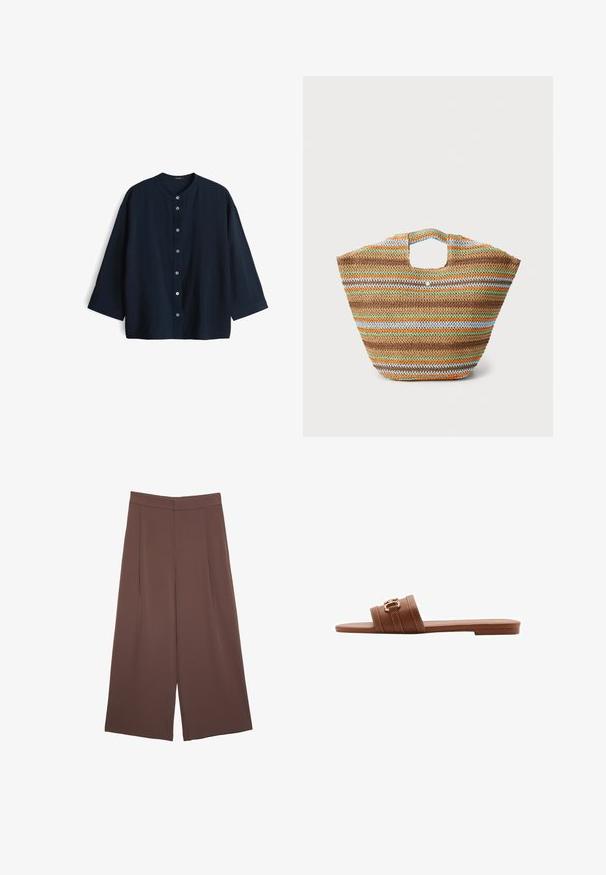 Camicia leggera blu navy, con scollatura rotonda, maniche a tre quarti e sette bottoni frontali. Tessuto liscio e vestibilità morbida.; Pantaloni ampi marroni con una texture liscia, caratterizzati da una vita alta e pieghe frontali. Il tessuto è leggero e scorre liberamente.; Sandalo in pelle marrone con due cinturini larghi, caratterizzato da cuciture decorative e un'accoppiatura con fibbia in tono oro. Design con suola piatta.; Borsa a tracolla in paglia intrecciata con strisce multicolori in marrone, verde, arancione e blu. Presenta una forma piatta e due aperture per le mani. Design leggero.
