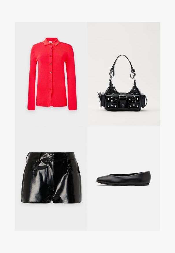 Cárdigan rojo de canalé con cuello tipo solapa, mangas de largo completo y seis botones en el frente. Textura suave sin patrones ni acentos visibles.; Shorts negros y brillantes de material sintético. Presentan una cintura ajustada, trabillas para el cinturón y bolsillos frontales con detalles de costura prominentes.; Paul Smith TOPANGA - Bailarinas - black; Bolso de mano de cuero negro con un diseño curvado, que cuenta con tachuelas plateadas, una hebilla y dos bolsillos laterales. Correa ajustable para opciones de transporte.