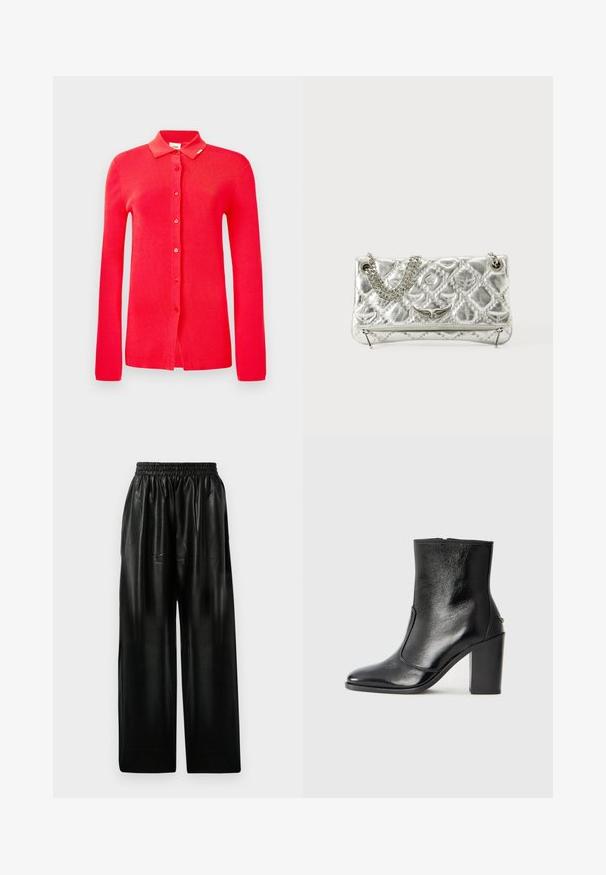 Raudonas ribotas kardiganas su apykakle, ilgomis rankovėmis ir šešiais priekiniais mygtukais. Lygus paviršius be matomų raštų ar akcentų.; Juodos odinės plačios kelnės su elastinga juosmeniu, turinčios dvi šonines kišenes ir lygią, blizgią tekstūrą.; Juodas odinis kulkšninis batas su lygiu paviršiumi, smailiu pirštu ir masyviu aukštu kulnu. Savybė - šoninis atidarymas ir minimalistiškas dizainas.; Sidabrinė metalinė rankinė su grandinėlės rankena, iškaltu paviršiumi, dekoratyvine siuvimo siūle ir užtrauktuku. Priekyje turi iškilmingus akcentus.