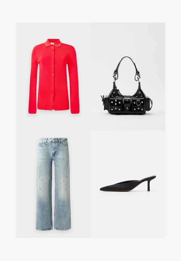 Sarkana ribota jakna ar apkakli, pilna garuma piedurknēm un sešiem priekšējiem pogām. Vienmērīga tekstūra bez redzamām rakstām vai akcentiem.; Gaiši zilas platās kājas džinsus, kas izgatavoti no denima, ar gradienta krāsu efektu un rotājumiem no sudraba rhinestones vertikālā rakstā.; Melna, ar smailu purngalu, mūla ar elegantu dizainu, izgatavota no gludas auduma, ar šauru papēdi un atvērtu aizmuguri vieglai uzvilkšanai.; Melnas ādas rokturmais ar izliekumu, ar sudraba iedurtiem, sprādzi un divām sānu kabatām. Regulējams siksniņas garums dažādām nēsāšanas iespējām.