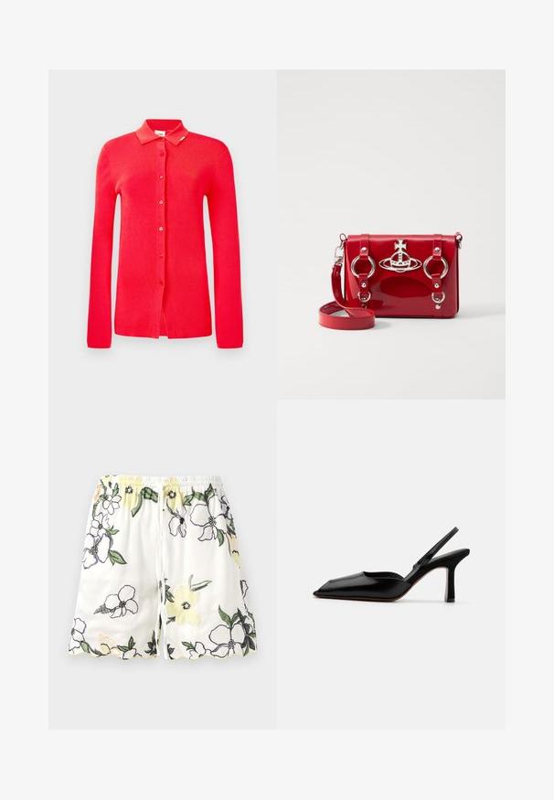 Červený rebrovaný kardigán s golierom, dlhými rukávmi a šiestimi prednými gombíkmi. Hladká textura bez viditeľných vzorov alebo akcentov.; Biele šortky s kvetinovou výšivkou v žltej, fialovej a čiernej farbe. Majú elastický pás a vlnitý lem. Zatvorenie na šnúrku.; Čierne kožené sandále na podpätku s špicatou špičkou, minimalistický dizajn, tenký remienok okolo členka a elegantný stiletto podpätok. Hladká textúra.; Červená lakovaná crossbody taška so striebornými prvkami, so stredovým emblémom, obľúkovými krúžkami a nastaviteľným popruhom.