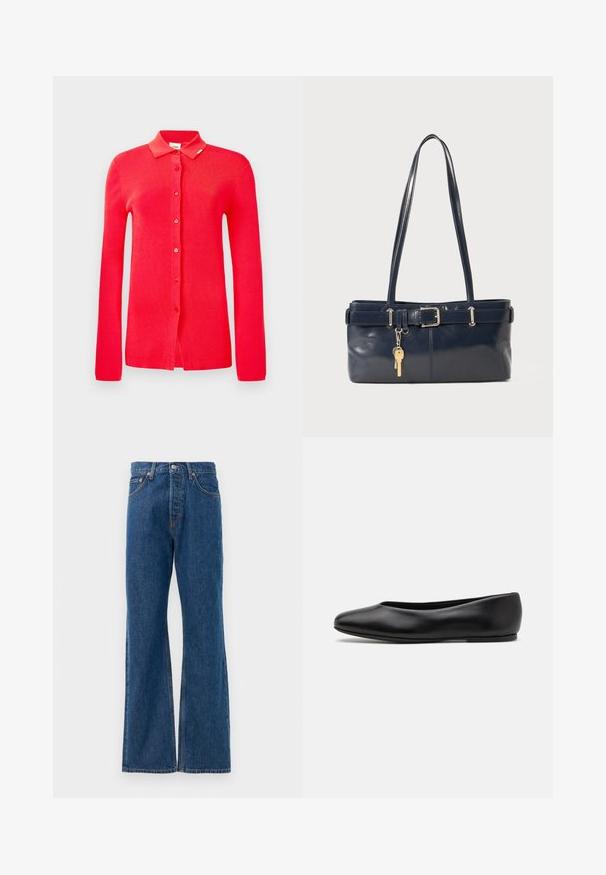 Red ribbed cardigan with a collared neck, full-length sleeves, and six front buttons. Smooth texture with no visible patterns or accents.; Blue denim flared jeans with a high waist, featuring five pockets, a silver button closure, and visible stitching accents.; Paul Smith TOPANGA - Ballet pumps - black; Navy leather handbag with two long handles, a buckle detail, and a keychain attached. Features a smooth texture and a rectangular shape.