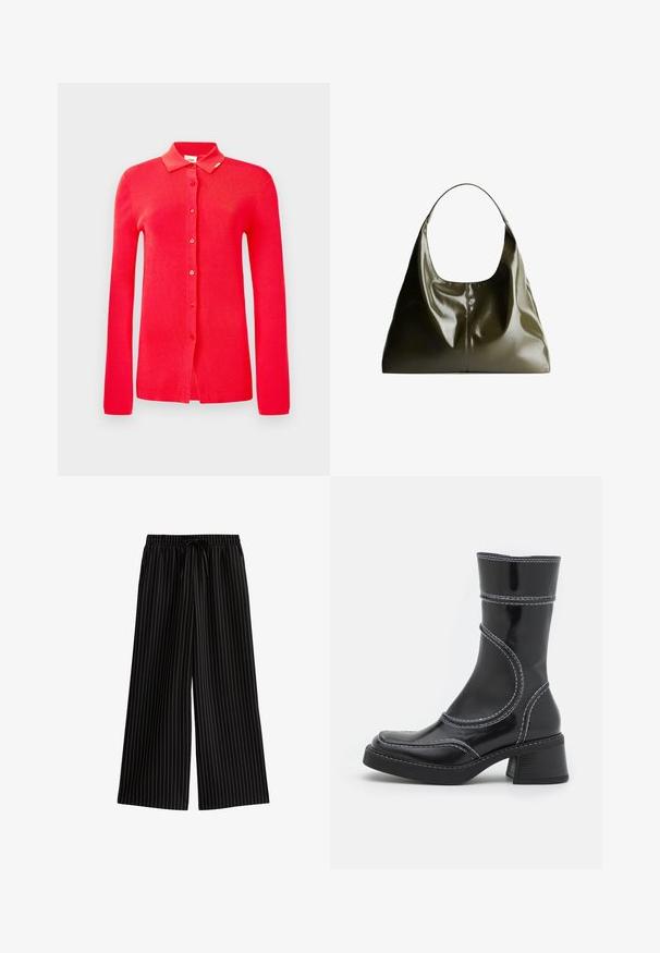 Röd ribbad cardigan med krage, hel lång ärm och sex framknappar. Slät textur utan synliga mönster eller detaljer.; Svarta vida byxor med vita vertikala ränder, med elastisk midja och dragsko. Slät tygtextur, avslappnad design.; Svart lackläder ankelboot med vit sömnad, rund tå och blockklack. Har böjda designlinjer och en slät textur.; Olivgrön läderaxelväska med en slät, glansig yta. Har en rundad topp och en mjuk, draperad form. Minimalistisk design.