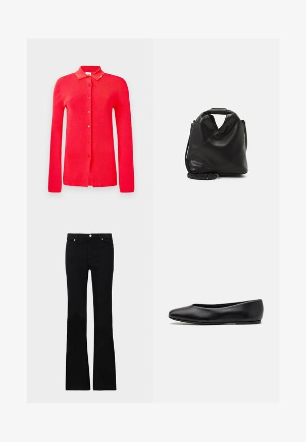 Czerwony kardigan z prążkowanej dzianiny, z kołnierzykiem, pełnymi rękawami i sześcioma guzikami z przodu. Gładka faktura bez widocznych wzorów czy akcentów.; Czarne dzwony z denimu, z dwoma przednimi kieszeniami, zapięciem na guzik i gładką fakturą. Widoczne charakterystyczne szycie na szwach.; Paul Smith TOPANGA czarny; Czarna, miękka skórzana torba o unikalnym skręconym wzorze. Posiada krótki uchwyt oraz odpinany pasek na ramię. Styl minimalistyczny.