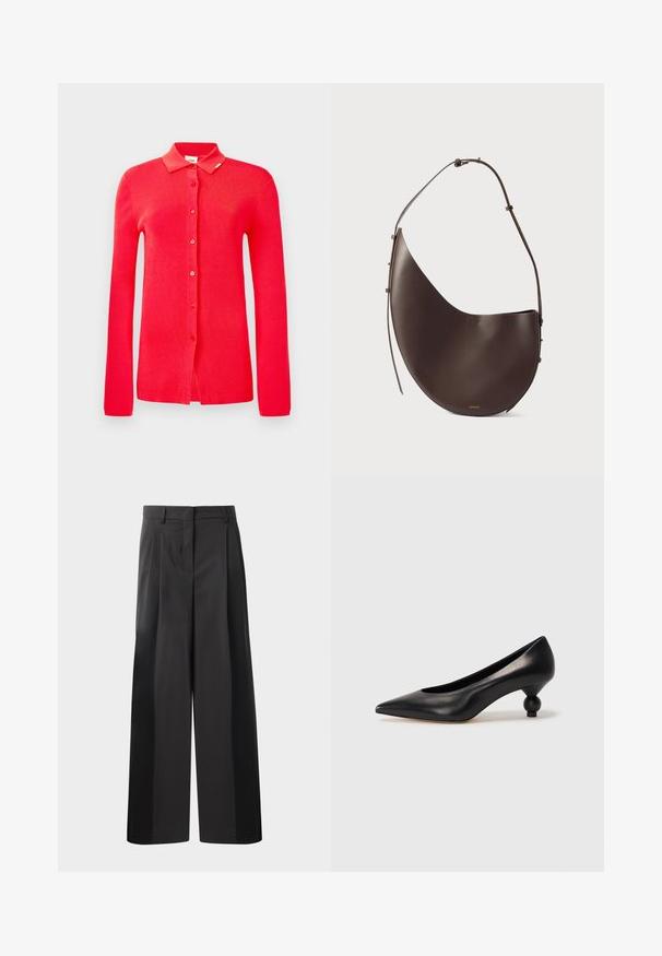 Roter gerippter Cardigan mit einem Kragen, langen Ärmeln und sechs vorderen Knöpfen. Glatte Textur ohne sichtbare Muster oder Akzente.; Schwarze, weit geschnittene Hose mit hoher Taille, versehen mit Frontfalten, einer glatten Textur und einem maßgeschneiderten Finish. Entworfen für eine lockere Passform.; Schwarze Leder-Pumps mit spitzem Zehenbereich und runder, ballförmiger Ferse. Glatte Textur mit einem eleganten, minimalistischen Design.; Braune Lederhandtasche mit geschwungener Form, einem Schulterriemen und minimalistischem Design. Verfügt über ein dezentes Logo und goldene Hardware-Akzente.